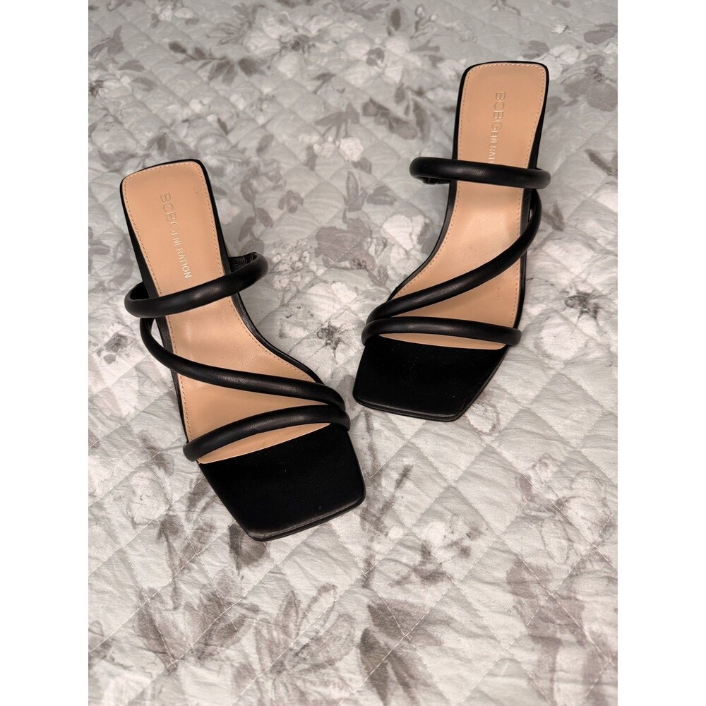 BCBGeneration Minimalist Black Strappy Heels Square Toe Mule Size 8